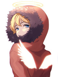 Rule 34 | 1boy, angel wings, asada hachi, blonde hair, blue eyes, commentary request, expressionless, glowing, glowing wings, halo, highres, hood, hood up, kenny mccormick, looking at viewer, looking back, male focus, parka, short hair, simple background, solo, south park, twitter username, upper body, watermark, white background, wings