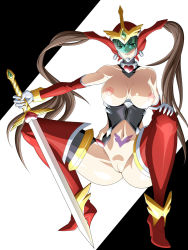 Rule 34 | 00s, 1girl, angel blade, angel blade (character), boots, breasts, brown hair, collar, gauntlets, gloves, heart, helmet, high heel boots, high heels, large breasts, long hair, mask, noriheita, pussy, red legwear, shoes, solo, spread legs, sword, tattoo, twintails, uncensored, visor, weapon