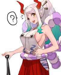 Rule 34 | 1girl, ?, bare arms, bare shoulders, breasts, club (weapon), cowboy shot, earrings, green hair, grey hair, hair ornament, hair stick, hakama, highres, horns, japanese clothes, jewelry, konakuso, large breasts, long hair, looking at viewer, multicolored hair, multicolored horns, nipple slip, nipples, one piece, oni, orange horns, rope, shimenawa, sideboob, simple background, sketch, smile, solo, spoken question mark, v-shaped eyebrows, very long hair, weapon, white background, yamato (one piece), yellow eyes