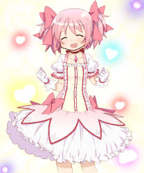 Rule 34 | 10s, 1girl, :d, abe kanari, blush, choker, clenched hands, closed eyes, gloves, heart, kaname madoka, magical girl, mahou shoujo madoka magica, mahou shoujo madoka magica (anime), official style, open mouth, pink hair, puffy sleeves, short hair, smile, solo, twintails, white gloves
