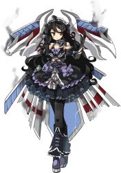 Rule 34 | 1girl, artist request, bare shoulders, black hair, black pantyhose, black skirt, boots, detached sleeves, elbow gloves, frilled skirt, frills, full body, gloves, gothic lolita, knee boots, lolita fashion, long hair, official art, oshiro project:re, oshiro project:re, pantyhose, skirt, solo, thigh boots, thighhighs, torn clothes, torn gloves, transparent background, tsuwano (oshiro project), very long hair, wavy hair, yellow eyes