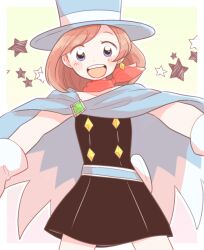 Rule 34 | 1girl, :d, ace attorney, black dress, blue cape, blue eyes, blue hat, blush, brown hair, cape, dress, earrings, gloves, hat, jewelry, looking at viewer, magician, mai8484, open mouth, outstretched arms, red scarf, scarf, short hair, smile, solo, star (symbol), top hat, trucy wright, white gloves
