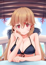 Rule 34 | 1girl, absurdres, alternate breast size, alternate costume, bikini, blue bikini, blue sky, blush, bow, breasts, brown eyes, brown hair, cleavage, closed mouth, cloud, gloves, hair between eyes, hair ornament, hairclip, highres, jewelry, kantai collection, komb, large breasts, long hair, low twintails, ring, shadow, sitting, sky, star (symbol), swimsuit, table, tashkent (kancolle), twintails, wedding band