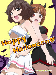 2girls akiyama_yukari ass blush breasts brown_eyes brown_hair demon_horns fake_horns girls_und_panzer halloween hand_on_own_hip happy_halloween highres horns large_breasts looking_at_viewer miniskirt multiple_girls naotosi navel nishizumi_miho open_mouth short_hair skirt smile thighhighs underboob