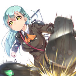 Rule 34 | 10s, 1girl, abyssal ship, alternate eye color, aqua eyes, aqua hair, ascot, blazer, breasts, buttons, flight deck, gatchu, glowing, glowing eyes, hair between eyes, hair ornament, hairclip, highres, i-class destroyer, jacket, kantai collection, long hair, machinery, medium breasts, punching, school uniform, simple background, suzuya (kancolle), turret, white background, yellow eyes
