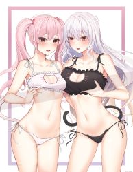 Rule 34 | 2girls, absurdres, bad id, bad pixiv id, bare arms, bare shoulders, black bra, black panties, black ribbon, blush, bra, breast hold, breasts, cat cutout, cat ear panties, cat lingerie, cat tail, character request, cleavage, cleavage cutout, clothing cutout, collarbone, commentary, commentary request, commission, cowboy shot, frilled bra, frills, g home, hair ribbon, highres, korean text, lifted by self, long hair, maplestory, medium breasts, meme attire, multiple girls, navel, panties, parted lips, pink hair, red eyes, red ribbon, ribbon, side-tie panties, sidelocks, silver hair, small breasts, stomach, tail, thighs, tongue, tongue out, twintails, two-tone background, underboob, underwear, underwear only, very long hair, white background, white bra, white panties, white ribbon