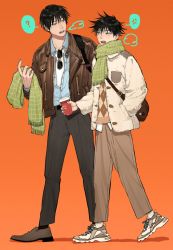 Rule 34 | 2boys, ?, anger vein, argyle, argyle clothes, argyle sweater, bag, black hair, black pants, brown footwear, brown pants, coffee mug, commentary, cup, eyewear around neck, father and son, full body, fur-trimmed jacket, fur trim, fushiguro megumi, fushiguro touji, green eyes, green scarf, hair between eyes, highres, holding, holding clothes, holding scarf, jacket, jujutsu kaisen, leather, leather jacket, li chestnuts, looking at another, male focus, mug, multiple boys, open clothes, open jacket, open mouth, orange background, pants, scar, scar on face, scar on mouth, scarf, shirt, shoes, short hair, simple background, sneakers, socks, spiked hair, spoken anger vein, spoken question mark, sweater, symbol-only commentary, talking, walking, winter, winter clothes