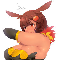 Rule 34 | ^^^, 1girl, armpits, breasts, brown hair, cleavage, elbow gloves, emboar, fang, gen 5 pokemon, gloves, hair ornament, hizuki akira, large breasts, open mouth, personification, plump, pokemon, red eyes, solo, tan, tears