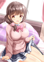 Rule 34 | 1girl, :d, black skirt, black socks, blush, breasts, brown eyes, brown hair, cardigan, character request, clothes lift, collared shirt, commentary request, curtains, dress shirt, hair over shoulder, highres, kneehighs, large breasts, lifting own clothes, long hair, long sleeves, no shoes, ongeki, open mouth, pillow, pink cardigan, shirt, sitting, skirt, skirt lift, sleeves past wrists, smile, socks, solo, sunlight, wariza, white shirt, window, xenon (for achieve)