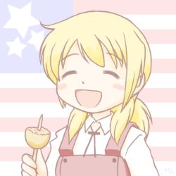 Rule 34 | american flag, blonde hair, closed eyes, food, hidamari sketch, long hair, lowres, miyako (hidamari sketch), school uniform, smile, solo, toono ayaori, yamabuki high school uniform