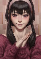 Rule 34 | 1girl, 2022, black hair, close-up, closed mouth, commentary, english commentary, eyelashes, hairband, hands up, highres, lips, looking at viewer, making-of available, nose, own hands together, portrait, red eyes, red sweater, short hair with long locks, sidelocks, signature, smile, solo, spy x family, stanley lau, sweater, upper body, white hairband, yor briar