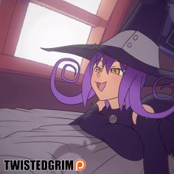 Rule 34 | 1boy, 1girl, animated, animated gif, bed, blair (soul eater), breasts, gloves, grinding, hat, purple hair, rubbing, bed sheet, smile, soul eater, twistedgrim, window, witch hat
