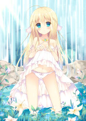 Rule 34 | 1girl, bekotarou, blonde hair, blue eyes, blush, bow, bow panties, clothes lift, day, dress, dress lift, flower, frown, highres, lace, lace-trimmed panties, lace trim, long hair, looking at viewer, navel, original, outdoors, panties, partially submerged, solo, standing, underwear, very long hair, wading, white dress, white panties