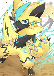 Rule 34 | 1boy, animal ears, animal hands, blue eyes, cat ears, claws, creatures (company), electricity, fang, from above, furry, furry male, game freak, gen 7 pokemon, hand up, legendary pokemon, legs apart, looking at viewer, male focus, mythical pokemon, nayuta takumi, nintendo, open mouth, pokemon, pokemon (creature), solo, standing, tail, whiskers, zeraora