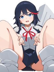 Rule 34 | 1girl, absurdres, black hair, black skirt, blue eyes, case, commentary, foreshortening, hands on own thighs, highres, kill la kill, looking at viewer, loose neck ribbon, matoi ryuuko, multicolored hair, neck ribbon, panties, pantyshot, parted lips, pleated skirt, red hair, red ribbon, ribbon, school, shirt, shoes, short hair, simple background, skirt, sneakers, solo, squatting, straight-on, streaked hair, symbol-only commentary, t-lex, teeth, thighs, two-tone hair, underwear, upper teeth only, white background, white footwear, white panties, white shirt, wing collar
