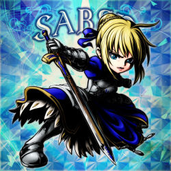 Rule 34 | 1girl, ahoge, armor, armored dress, artoria pendragon (all), artoria pendragon (fate), bad id, bad pixiv id, blonde hair, blue eyes, caliburn (fate), character name, chibi, dress, fate/stay night, fate (series), gauntlets, greaves, hair ribbon, high contrast, kanchiyo, ribbon, saber (fate), solo, sword, weapon