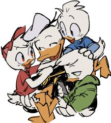 Rule 34 | 4boys, :d, absurdres, bird, blue eyes, blue shirt, child, closed eyes, closed mouth, commentary, dewey duck, disney, donald duck, donald duck sailor hat, duck, ducktales, english commentary, flat color, furry, furry male, green eyes, green hoodie, group hug, hat, highres, hood, hood down, hoodie, huey duck, hug, looking at another, louie duck, male focus, multiple boys, open mouth, phone, red eyes, red headwear, red shirt, shirt, simple background, smile, white background, white hair, winteamelon
