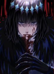 Rule 34 | 1boy, blood, blood from mouth, blood on clothes, blood on face, blue eyes, commentary request, fate/grand order, fate (series), grey hair, light frown, looking at viewer, male focus, oberon (fate), oberon (third ascension) (fate), shadow, solo, spoilers, upper body, user chct8358