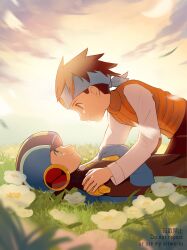 Rule 34 | 2boys, absurdres, blue headband, blue headwear, bodysuit, boy on top, brown eyes, brown hair, closed mouth, cloud, commentary request, day, eye contact, flower, grass, green eyes, hand on another&#039;s shoulder, hand on own chest, headband, helmet, highres, lan hikari (mega man), long sleeves, looking at another, lying, male focus, mega man (series), mega man battle network (series), megaman.exe, multiple boys, on back, on grass, orange vest, outdoors, profile, shirt, short hair, signature, sky, smile, spiked hair, tok nuts, upper body, vest, white flower, white shirt, yaoi