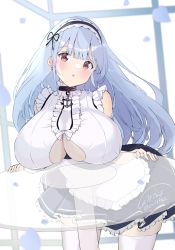 Rule 34 | 1girl, anchor choker, apron, azur lane, bad id, bad pixiv id, breast rest, breasts, caltins, center frills, clothing cutout, dido (azur lane), frills, glass table, hairband, highres, lace-trimmed hairband, lace trim, large breasts, long hair, maid, maid headdress, table, thighhighs, underboob, underboob cutout, waist apron, white apron, white thighhighs