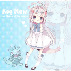 Rule 34 | 1girl, blue bow, blue eyes, blush, bow, character name, detached sleeves, dress, gender request, genderswap, kog&#039;maw, konatsu miyu, league of legends, long hair, long sleeves, personification, smile, solo, tail, white dress, white hair