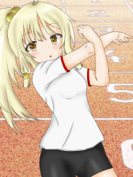 Rule 34 | 1girl, black shorts, blonde hair, blush, breasts, brown eyes, flower knight girl, gym uniform, hair bobbles, hair ornament, highres, koonitabirako (flower knight girl), long hair, looking at viewer, medium breasts, open mouth, ponytail, shirt, short sleeves, shorts, standing, stretching, track and field, weru, white shirt