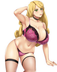 Rule 34 | 1girl, ameoto, arm behind head, arm support, armpits, blonde hair, bra, breasts, cleavage, commentary request, eyelashes, eyes visible through hair, feet out of frame, fishnet thighhighs, fishnets, frilled bra, frilled panties, frills, green eyes, highres, huge breasts, katsute kami datta kemonotachi e, lingerie, liza renecastle, long hair, looking at viewer, mole, mole on breast, navel, panties, parted bangs, parted lips, pink bra, pink panties, simple background, skindentation, solo, stomach, thighhighs, thighs, underwear, white background