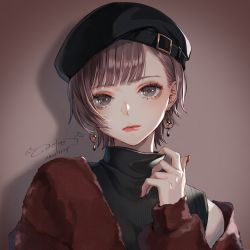 Rule 34 | 1girl, ao+beni, brown background, brown hair, dated, earrings, hat, highres, jewelry, lips, looking at viewer, original, short hair, signature, simple background, solo, upper body