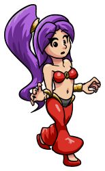 Rule 34 | 1girl, black eyes, breasts, collarbone, cosplay, crossover, cuffs, dancer, harem outfit, harem pants, highres, long hair, looking at viewer, medium breasts, midriff, mii (nintendo), navel, nintendo, o-ring, o-ring top, open mouth, pants, ponytail, purple hair, red footwear, red pants, red shirt, shantae, shantae (cosplay), shantae (series), shirt, shoes, sleeveless, sleeveless shirt, soandnb, standing, strapless, tube top, wayforward, white background