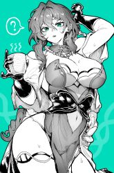 Rule 34 | 1girl, ?, absurdres, arm up, blush, breasts, cleavage, clothing cutout, commentary request, cup, dna, dress, embroidery, gloves, green background, green eyes, greyscale, hair between eyes, highres, holding, holding cup, honkai: star rail, honkai (series), jewelry, large breasts, long hair, looking at viewer, monochrome, navel, necklace, parted lips, pearl necklace, ruan mei (honkai: star rail), shawl, shoulder cutout, sidelocks, solo, sweat, thigh strap, thighs, wide hips, yotsumi shiro