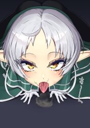 Rule 34 | 1girl, after fellatio, all fours, black pants, blush, cloak, cowboy shot, cum, cum on floor, dot nose, elf, eyebrows, eyelashes, female focus, from above, gloves, gokkun, green cloak, hetero, looking at viewer, looking up, mushoku tensei, ninopal, open mouth, pants, pointy ears, pov, short hair, solo, sylphiette (mushoku tensei), tongue, tongue out, white gloves, white hair, yellow eyes