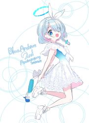Rule 34 | 1girl, anniversary, arona (blue archive), blue archive, blue eyes, blue hair, bow, braid, commentary, dated, dress, full body, gun, hair over one eye, hairband, halo, high heels, holding, holding gun, holding weapon, looking at viewer, multicolored hair, nogiwa kaede, open mouth, pink hair, short hair, simple background, single braid, smile, solo, two-tone hair, weapon, white background, white bow, white dress, white footwear, white hairband