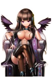 Rule 34 | 1girl, aile (crossroads), artist name, black footwear, black gloves, black hair, black thighhighs, black wings, blush, breasts, chair, cleavage, crossed legs, feathered wings, gloves, hair ornament, hair tubes, highres, large breasts, long hair, official art, open mouth, purple eyes, simple background, sitting, soccer spirits, solo, thighhighs, torn clothes, torn thighhighs, transparent background, wings, zadkiel (soccer spirits)