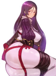 Rule 34 | 1girl, arm guards, armor, blush, bodysuit, breasts, commentary request, fate/grand order, fate (series), hair between eyes, highres, large breasts, long hair, minamoto no raikou (fate), puffy sleeves, purple bodysuit, purple eyes, purple hair, red rope, rope, short eyebrows, sidelocks, solo, sookmo, thighs, white background, wide hips
