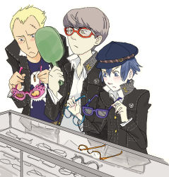 Rule 34 | 1girl, 2boys, :&lt;, androgynous, atlus, blonde hair, blue eyes, blue hair, blush, bullet, cabbie hat, collared shirt, crossdressing, embarrassed, expressionless, frown, glasses, grey eyes, grey hair, hat, height difference, jacket, jewelry, long sleeves, mirror, multiple boys, necklace, open clothes, open jacket, persona, persona 4, reverse trap, scar, school uniform, serious, shirt, short hair, skull and crossbones, standing, thepapermouse