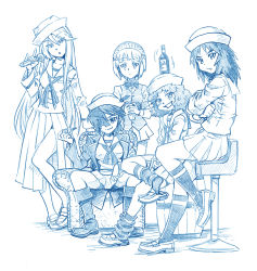 Rule 34 | 5girls, arm support, armchair, barrel, bartender, bbb (friskuser), beer bottle, blonde hair, blouse, blue theme, blunt bangs, blush stickers, boots, bow, bowtie, chair, closed mouth, coat, cocktail shaker, commentary, crossed arms, crossed legs, curly hair, cutlass (girls und panzer), dixie cup hat, dress shirt, eyes visible through hair, flint (girls und panzer), foot up, from side, frown, girls und panzer, grin, hair bow, handkerchief, hat, hat feather, head tilt, highres, holding, holding microphone, knee boots, leaning to the side, light frown, loafers, long hair, long skirt, long sleeves, looking at viewer, loose socks, maid headdress, microphone, military hat, miniskirt, monochrome, motion lines, multiple girls, murakami (girls und panzer), \\n/, neckerchief, ogin (girls und panzer), ooarai naval school uniform, open clothes, open coat, open mouth, pleated skirt, print legwear, rum (girls und panzer), sailor, sailor collar, school uniform, shirt, shoe dangle, shoes, short hair, side slit, single vertical stripe, sitting, skirt, sleeves rolled up, smile, smoking pipe, socks, standing, tilted headwear, vest, wing collar