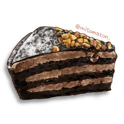 Rule 34 | cake, cake slice, chocolate, dessert, food, food focus, highres, mitomaton, no humans, nut (food), original, pastry, realistic, simple background, still life, sweets, twitter username, white background