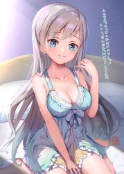 Rule 34 | 1girl, babydoll, barefoot, bed, blue babydoll, blue eyes, blush, breasts, cleavage, collarbone, commentary request, grey hair, head tilt, highres, hisakawa hayate, idolmaster, idolmaster cinderella girls, idolmaster cinderella girls starlight stage, large breasts, long hair, looking at viewer, on bed, pillow, sitting, smile, solo, tudon (donut), underwear, very long hair, wariza