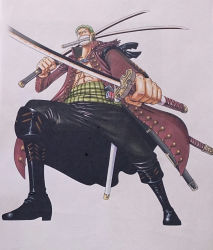 Rule 34 | 1boy, boots, green hair, haramaki, highres, jacket, mouth hold, one piece, open clothes, open shirt, roronoa zoro, scar, shirt, sword, triple wielding, weapon