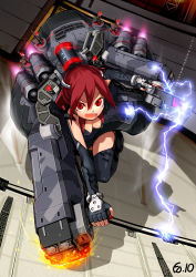 Rule 34 | 10s, 1girl, bail, breasts, cleavage, elbow gloves, fingerless gloves, gloves, gun, highres, mecha, mecha musume, metal gear (series), metal gear solid: peace walker, military, personification, pupa, pupa (metal gear), red eyes, red hair, robot, solo, thighhighs, thighs, weapon