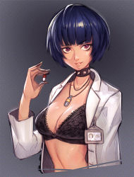 Rule 34 | 10s, 1girl, blue hair, bowl cut, bra, breasts, brown eyes, choker, cleavage, collar, eyebrows, holding, jewelry, lab coat, long sleeves, looking at viewer, medicine, necklace, parted lips, persona, persona 5, pill, ryotazi, short hair, simple background, solo, studded collar, takemi tae, underwear, upper body