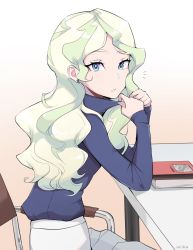 Rule 34 | 1girl, adjusting clothes, alternate costume, artist name, blue eyes, book, casual, chair, clothes pull, diana cavendish, earrings, elbows on table, gradient background, green hair, highres, jewelry, light green hair, little witch academia, long hair, looking at viewer, milka (milk4ppl), multicolored hair, shirt tucked in, sitting, solo, sweater, table, tan background, teeth, turtleneck, turtleneck sweater, two-tone hair, white legwear