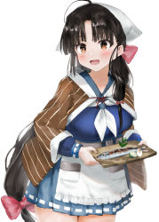 Rule 34 | 1girl, ahoge, apron, black hair, blue skirt, blush, bow, breasts, brown eyes, brown shawl, cosplay, cowboy shot, dated, fish, food, fruit, hair bow, jingei (kancolle), jingei (kancolle) (cosplay), kantai collection, large breasts, lemon, lemon slice, long hair, long sleeves, low-tied long hair, medium breasts, neckerchief, open mouth, pink ribbon, pleated skirt, revision, ribbon, saury, shawl, shouhou (kancolle), signature, simple background, skirt, smile, solo, toka (marchlizard), very long hair, waist apron, white apron, white background, white neckerchief