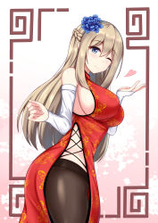 Rule 34 | 1girl, alternate costume, bare shoulders, black pantyhose, blonde hair, blue eyes, blue flower, braid, breasts, china dress, chinese clothes, dress, elbow gloves, flower, french braid, from side, gloves, hair between eyes, hair flower, hair ornament, heart, highres, large breasts, lexington (warship girls r), one eye closed, pantyhose, side slit, sideboob, sidelocks, sleeveless, smile, solo, warship girls r, white gloves, xiao qi