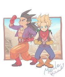 Rule 34 | bell, belt, black vest, blue eyes, blush stickers, box, brown footwear, canyon, cliff, denim, dragon quest, dragon quest builders 2, flexing, frown, hair tie, highres, jeans, looking at viewer, looking to the side, male builder (dqb2), pants, pointy ears, red eyes, red footwear, shirt, sidoh (dqb2), sky, smile, spiked hair, strap, vest, white shirt, yon yosi