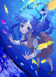 Rule 34 | 1girl, :o, against wall, asari nanami, blue eyes, blue hair, blunt bangs, blurry, blurry foreground, breasts, clownfish, depth of field, dutch angle, fish, fish hair ornament, floating hair, glass, glass wall, hair ornament, highres, idolmaster, idolmaster cinderella girls, in water, kneehighs, leaning forward, light rays, looking at viewer, looking up, medium breasts, neck ribbon, pleated skirt, ribbon, school uniform, skirt, socks, solo, white socks, yam (htt)