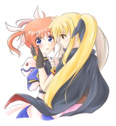 Rule 34 | 2girls, blonde hair, blush, couple, eye contact, fate testarossa, holding hands, highres, long hair, looking at another, lyrical nanoha, magical girl, mahou shoujo lyrical nanoha, multiple girls, open mouth, orange hair, purple eyes, red eyes, short twintails, simple background, surprised, takamachi nanoha, twintails, waraneko, white background, yuri