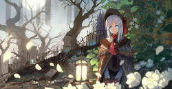 Rule 34 | 1girl, ascot, baisi shaonian, bare tree, bloodborne, blue eyes, cape, cloak, fence, flower, fringe trim, gloves, grave, graveyard, hat, hat flower, ironwork, lantern, light smile, long sleeves, looking at viewer, outdoors, parted bangs, petals, plain doll, plant, red gloves, silver hair, solo, tombstone, tree, white flower