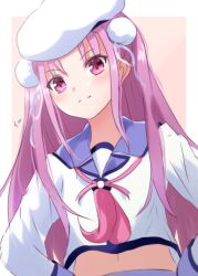 Rule 34 | 1girl, angel beats!, beret, blue sailor collar, blush, closed mouth, commentary, cosplay, double bun, eyes visible through hair, hair between eyes, hair bun, hair ribbon, hands on own hips, hat, heaven burns red, highres, kunimi tama, lelie (lelie link), long hair, long sleeves, looking at viewer, nakamura yuri, nakamura yuri (cosplay), navel, neckerchief, pink background, pink eyes, pink hair, pink neckerchief, puff of air, ribbon, sailor collar, shinda sekai sensen uniform, shirt, sidelocks, simple background, smile, solo, straight hair, upper body, very long hair, white hat, white ribbon, white shirt