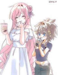 Rule 34 | 2girls, blue eyes, blush, braid, casual, closed eyes, cup, dorothy (nikke), dress, drink, drinking straw, eungking (tog2029), goddess of victory: nikke, hair bun, hair ribbon, hand on own chin, holding, holding cup, laughing, long hair, medium hair, multiple girls, open mouth, pink hair, pinne (nikke), ponytail, purple ribbon, purple shirt, ribbon, shirt, short ponytail, shorts, sketch, twitter username, very long hair, wavy hair, white background, white dress
